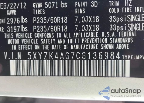 2012 Hyundai Santa Fe Limited V6 from USA, damaged, VIN 5XYZK4AG7CG136984